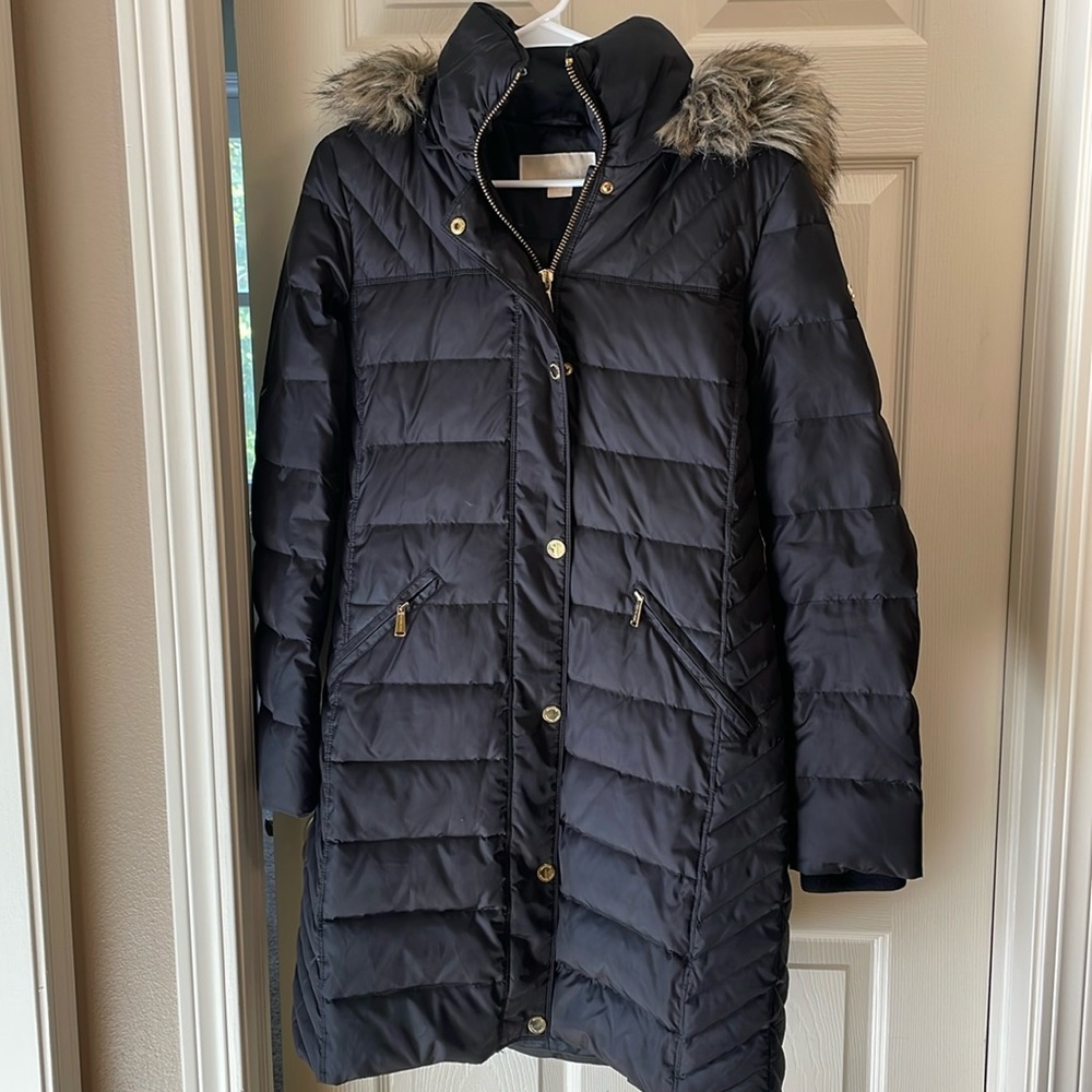 Michael Kors long black puffer faux fur hooded coat